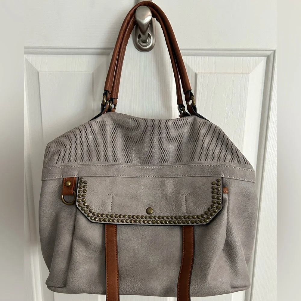 Antik Kraft Gray & Brown Vegan Leather Satchel Shoulder Bag Crossbody Strap - Picture 10 of 12